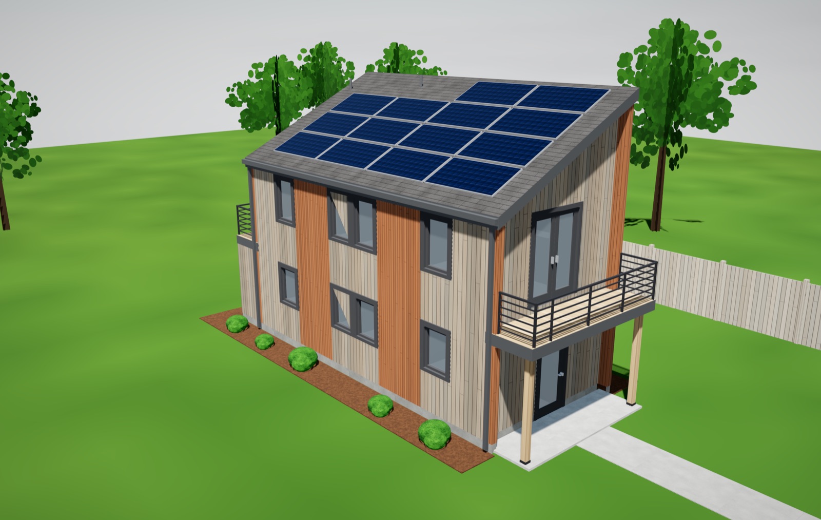 Two-story ADU with warm wood and gray vertical siding, solar panels and a side balcony