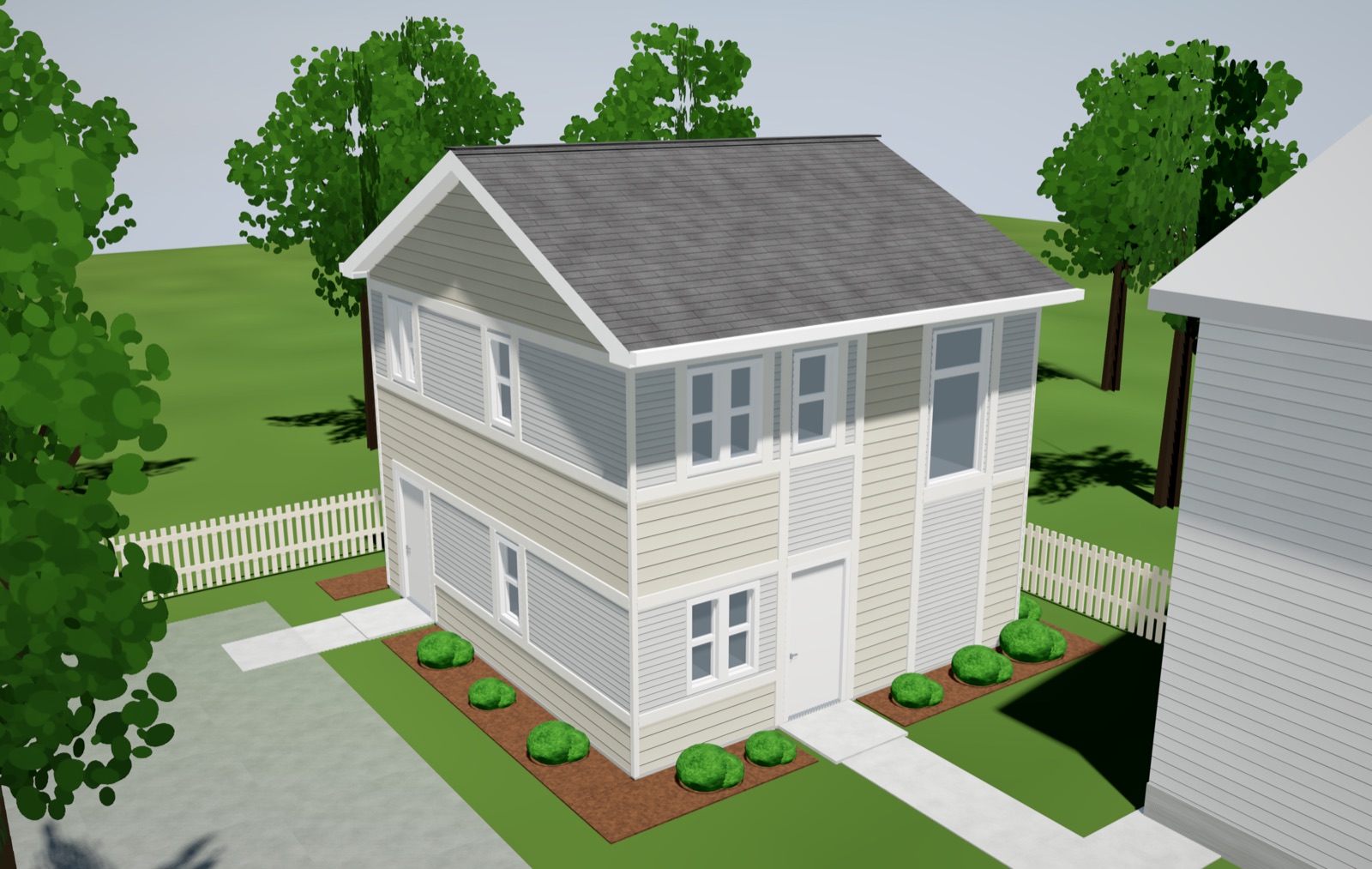 Two-story gable-roof ADU with beige and blue-gray lap siding and white trim behind a picket fence