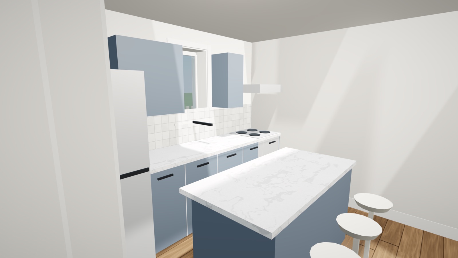 Kitchen inside the New England Classic ADU with navy cabinets, a white island and wood floors