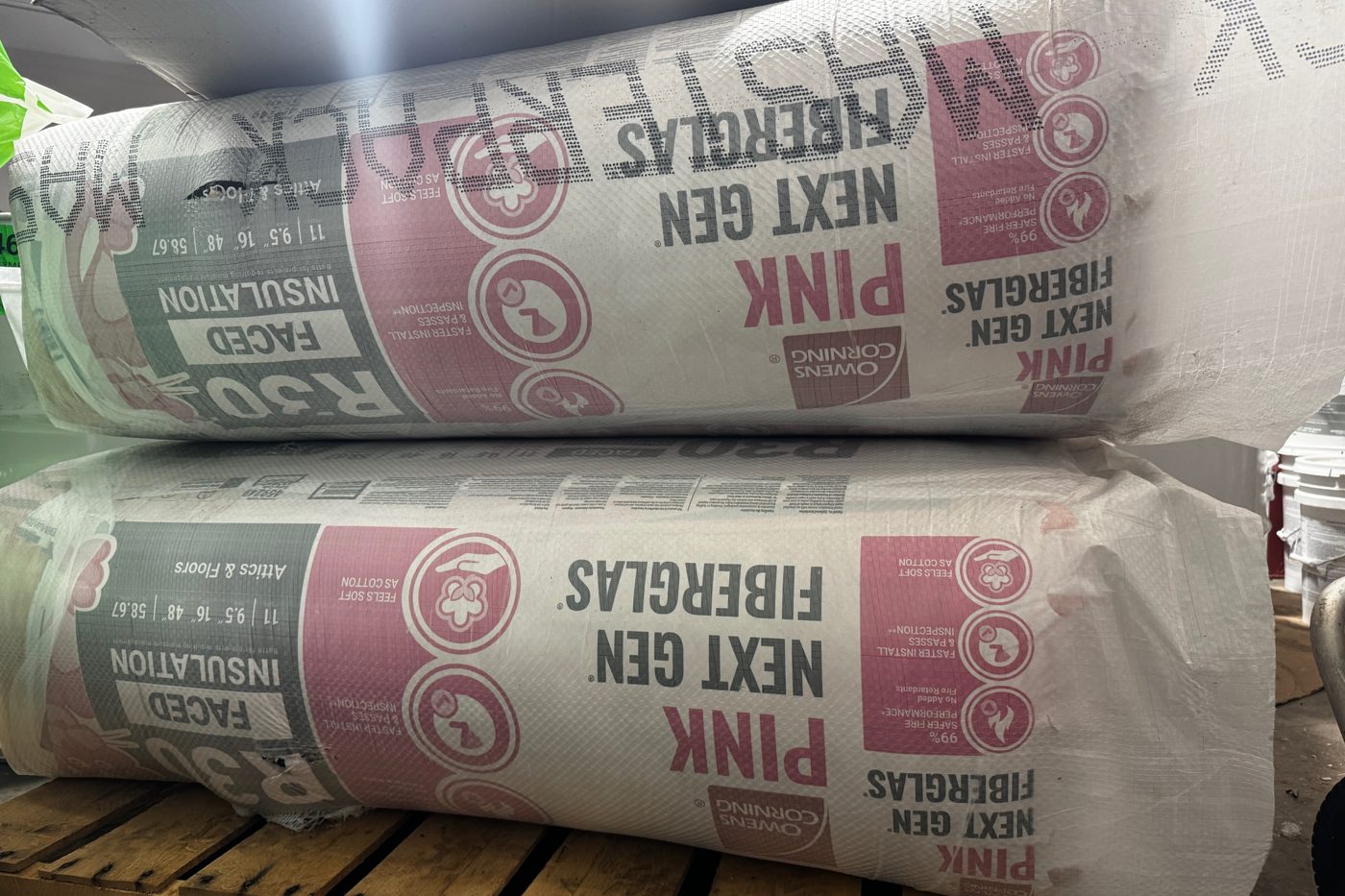 Bags of R-30 faced fiberglass insulation batts for attics and floors