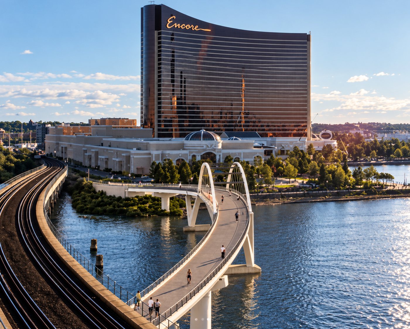 Concept view of people walking and biking on a Mystic River bridge toward Encore Boston Harbor in Everett