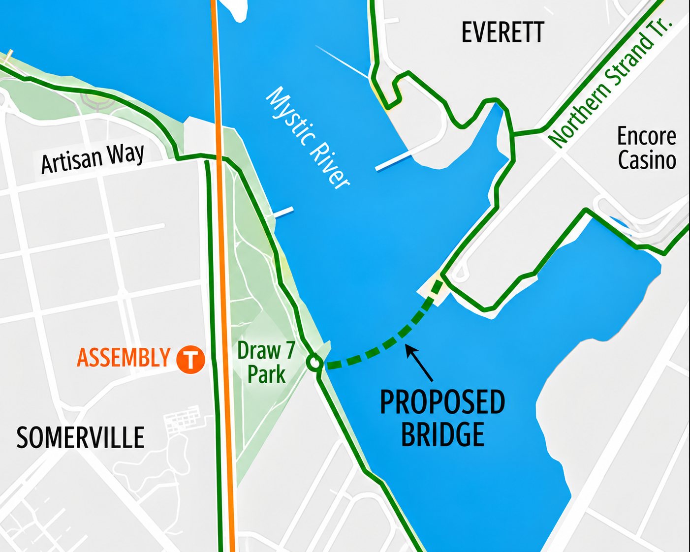 Map of the proposed Mystic River pedestrian bridge from Draw Seven Park near Assembly station in Somerville to Encore and the Northern Strand Trail in Everett