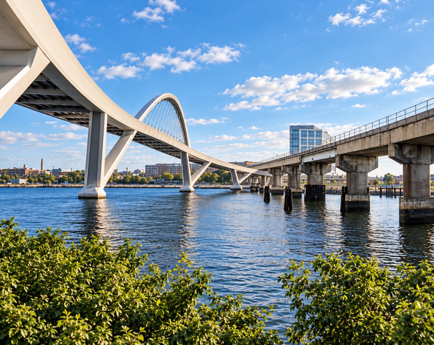 Artist's concept of the Mystic River pedestrian bridge between Somerville and Everett, seen from the riverbank
