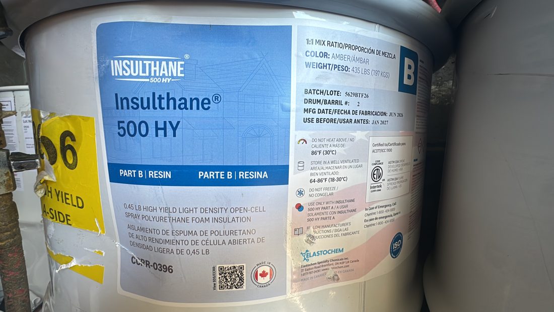 Pail of B-side resin for open-cell spray foam insulation