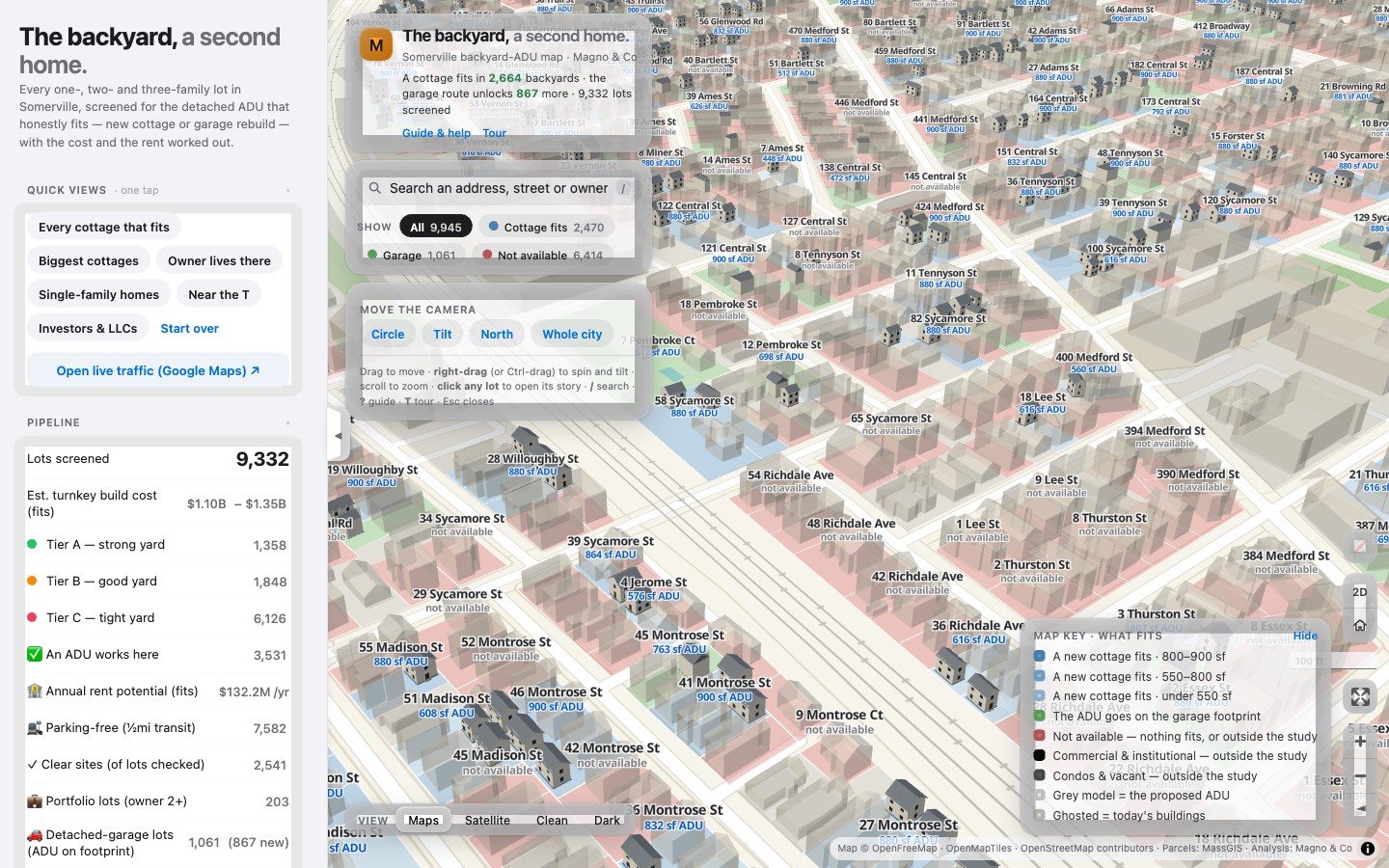 3D map of a Somerville block showing which backyards can fit a new cottage