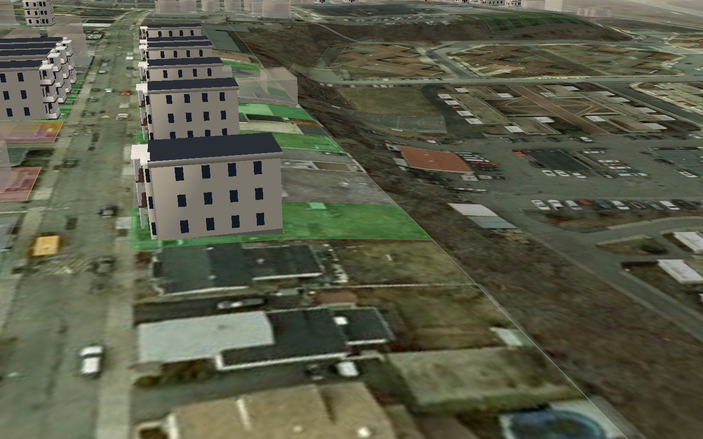 3D view of a Somerville street with new three-family triple-decker buildings modeled on small lots
