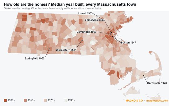 Map of the median year homes were built in every Massachusetts town, oldest around Somerville, Cambridge and Boston