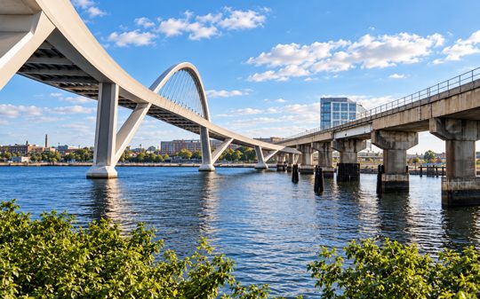 Artist's concept of the Mystic River pedestrian bridge between Somerville and Everett, seen from the riverbank