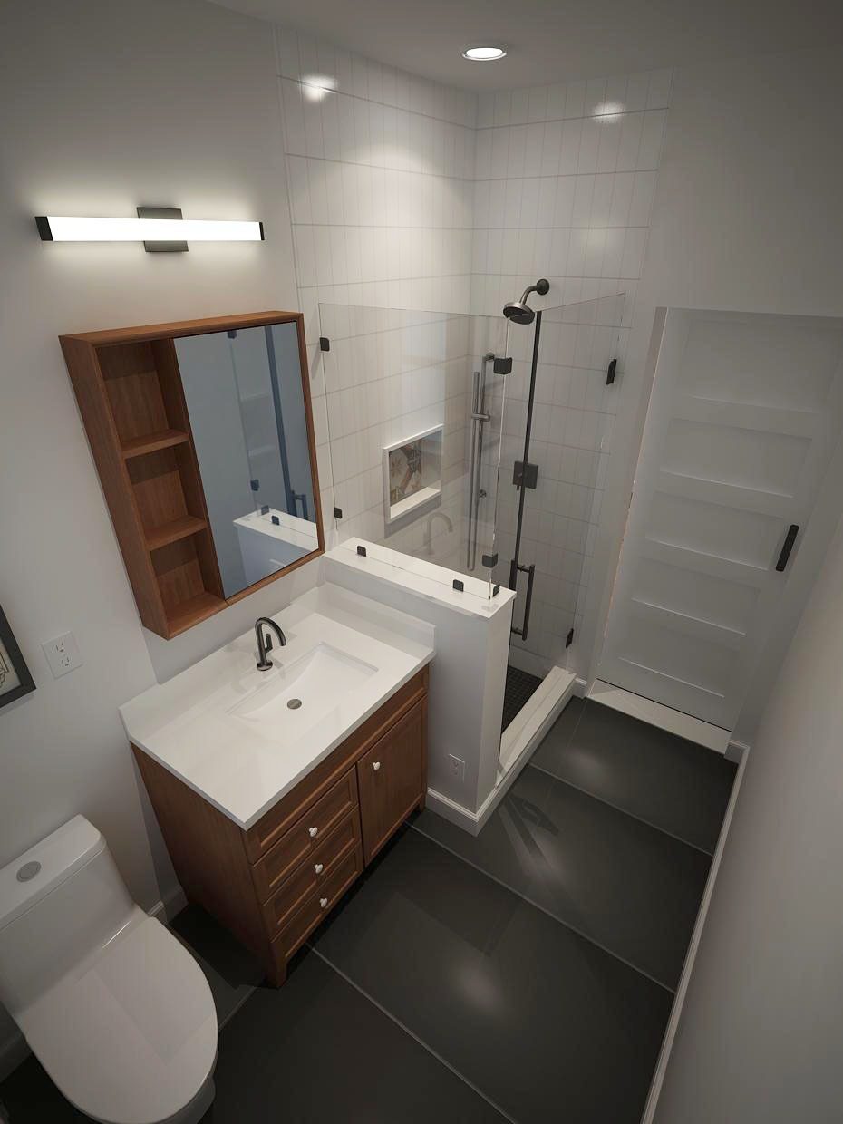 Finished bathroom remodel with glass shower and wood vanity