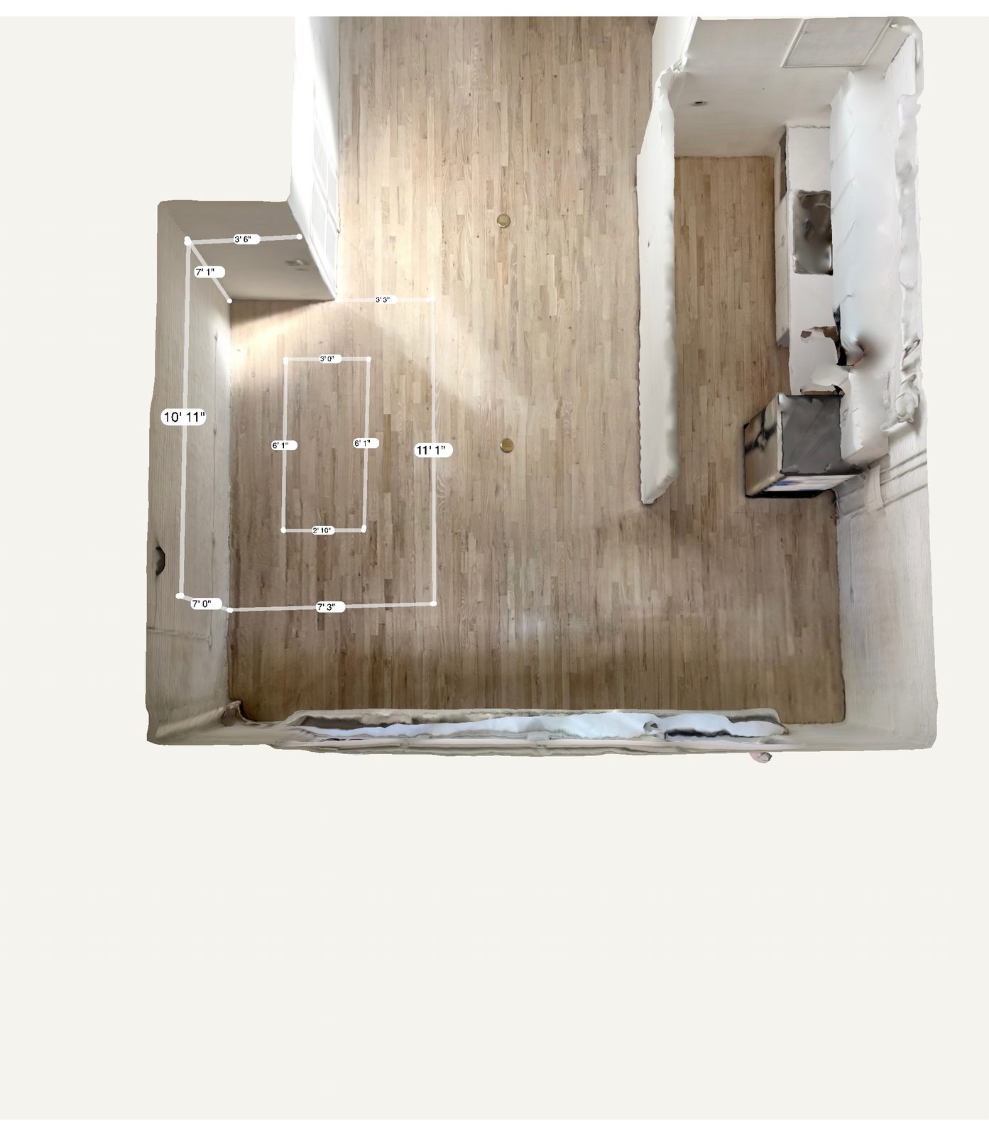 Top-down 3D model of a room captured with a Matterport camera
