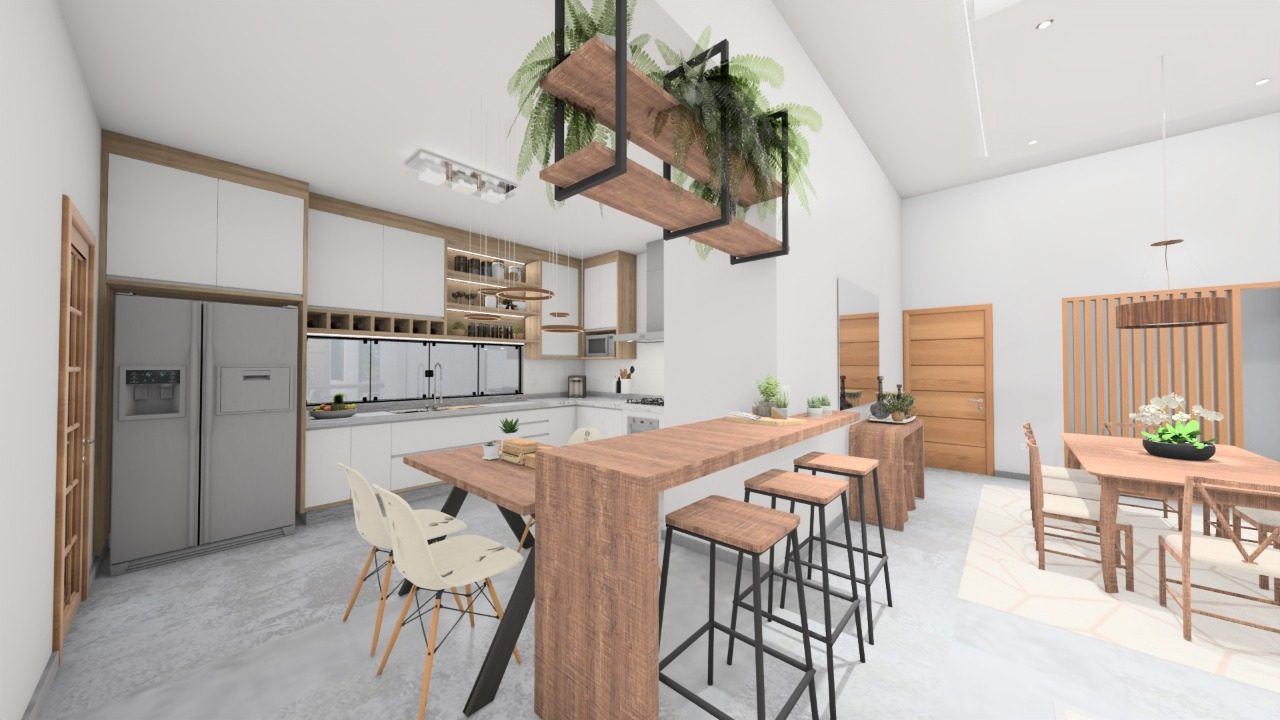 3D design rendering of a new kitchen and dining area