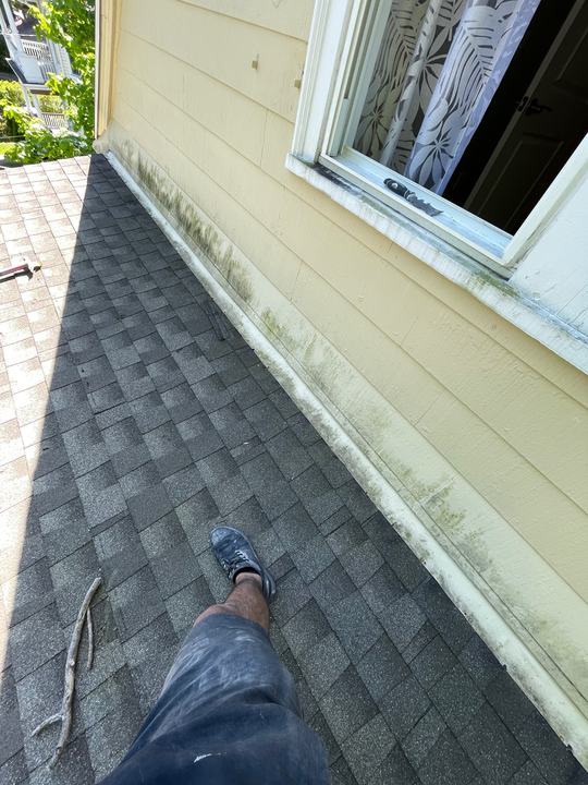 Asphalt shingle roof next to a window on an older home